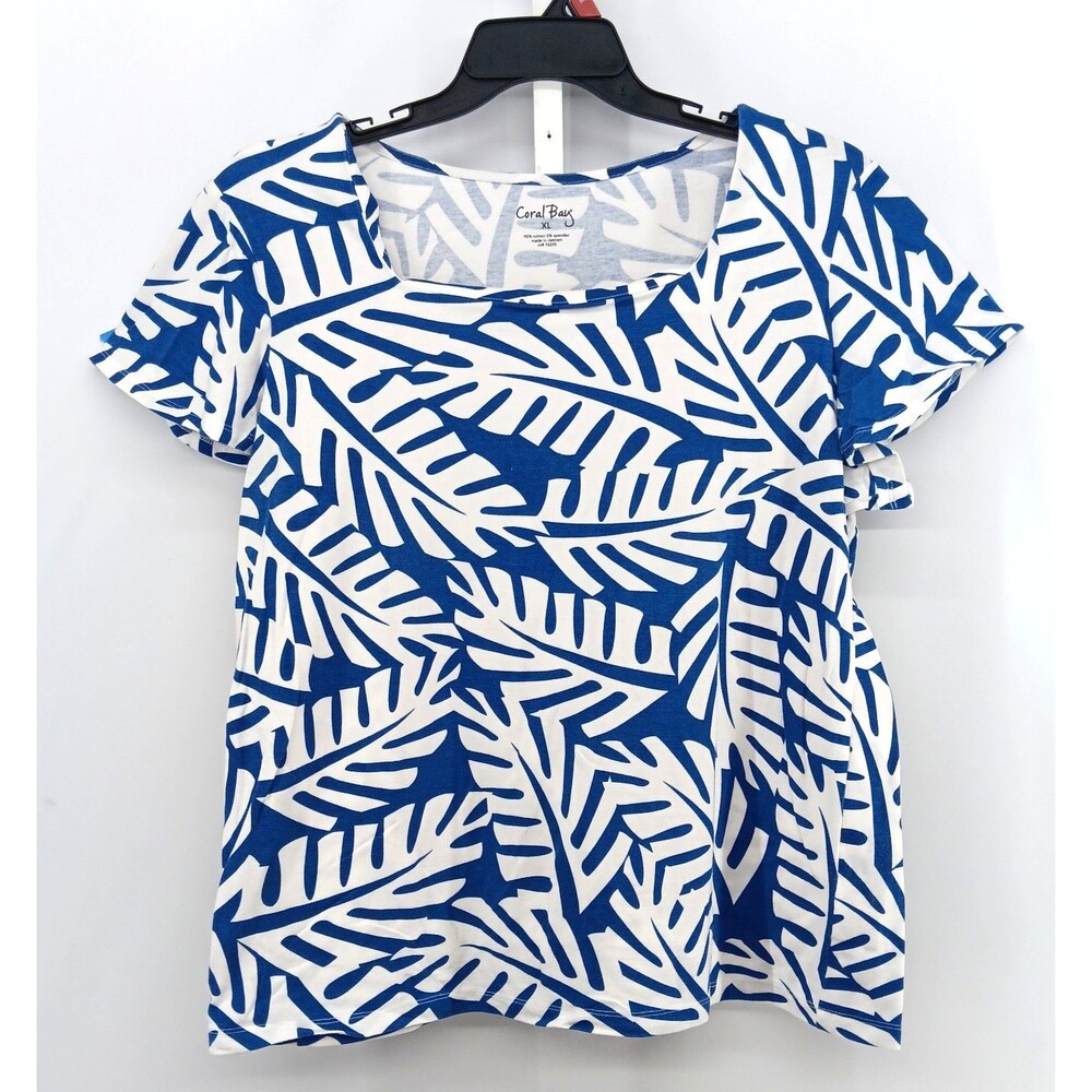 Coral Bay Shirt Women Size XL Blue White Tropical Floral Square Neck Casual Top